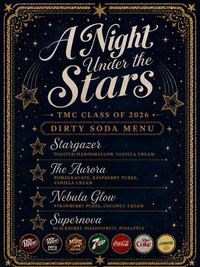 A sample class party menu in midnight blue and gold, titled A Night Under the Stars, listing four custom dirty sodas