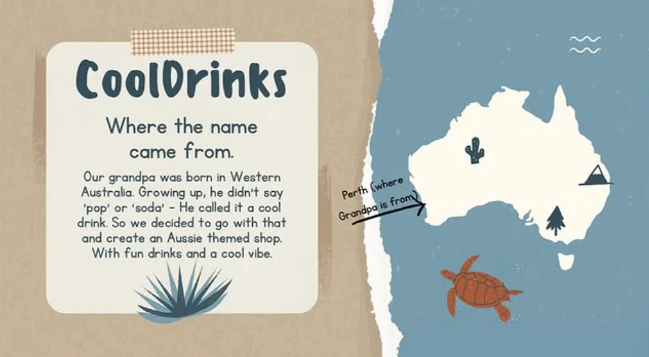 Where the name came from: our grandpa was born in Western Australia. Growing up, he didn't say 'pop' or 'soda', he called it a cool drink. So we decided to go with that and create an Aussie themed shop, with fun drinks and a cool vibe. A map of Australia marks Perth, where Grandpa is from.